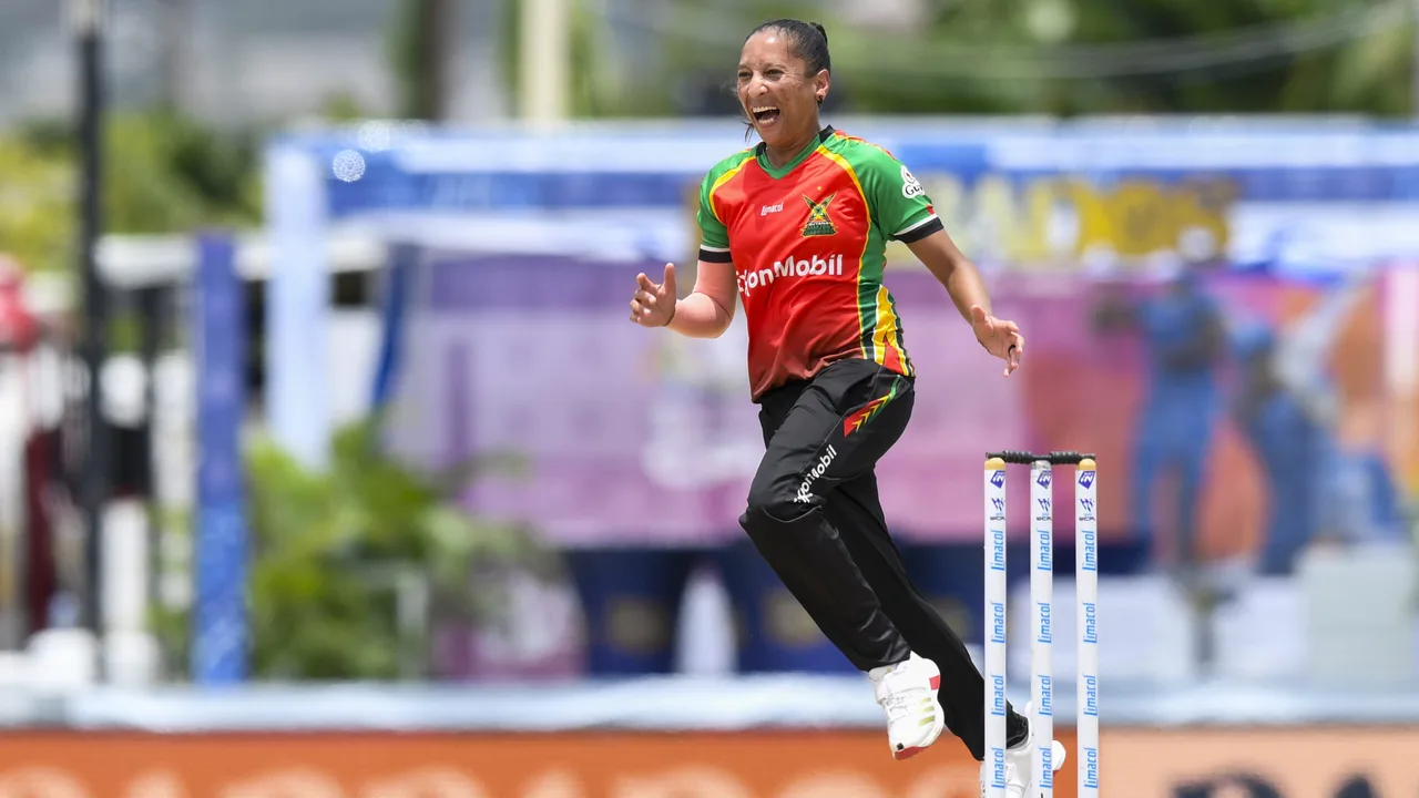 Guyana Amazon Warriors celebrate a wicket against Trinbago Knight Riders in the Limacol WCPL at Kensington Oval