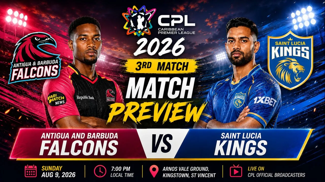 Alzarri Joseph and Evin Lewis of Antigua and Barbuda Falcons with Roston Chase and Noor Ahmad of Saint Lucia Kings before CPL 2026 Match 3