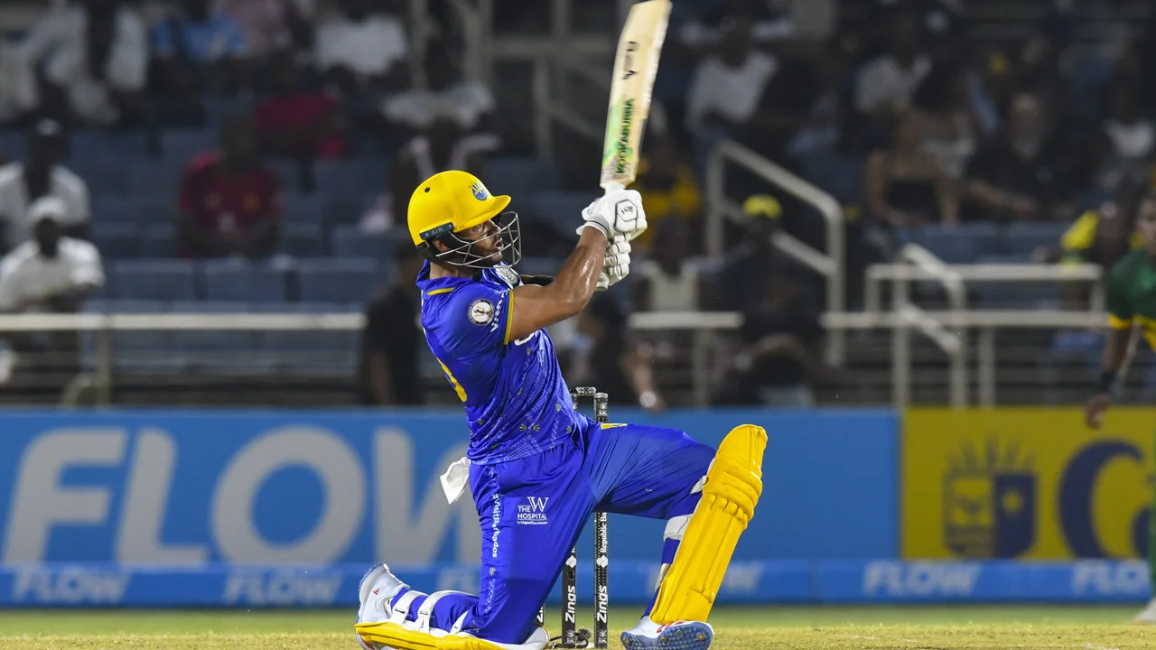 Brandon King hits a six for Barbados Tridents against Jamaica Kingsmen at Sabina Park