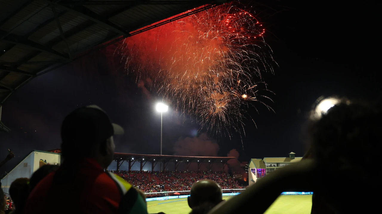 Fireworks above Providence Stadium during a Caribbean Premier League match