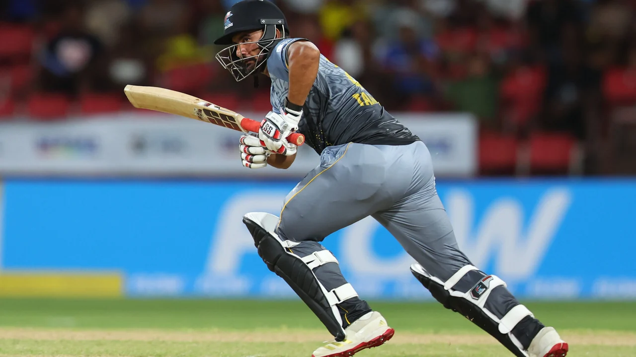 Tajinder Singh bats for Antigua and Barbuda Falcons against Jamaica Kingsmen at Arnos Vale