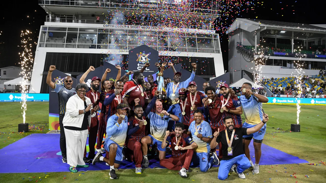 Antigua and Barbuda Falcons players celebrate beating Jamaica Kingsmen in the CPL 2026 final at Kensington Oval