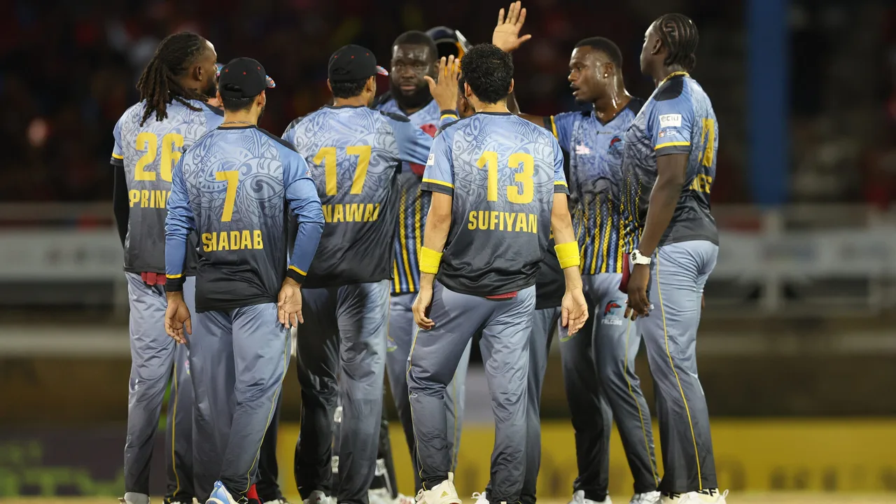 Antigua & Barbuda Falcons players celebrate a wicket against Trinbago Knight Riders at Queen's Park Oval
