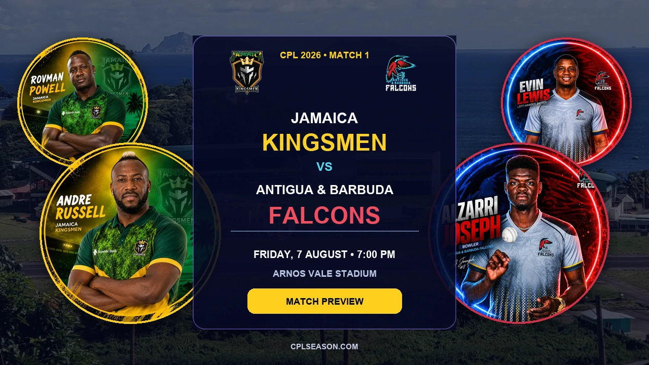 Rovman Powell and Andre Russell of Jamaica Kingsmen with Evin Lewis and Alzarri Joseph of Antigua and Barbuda Falcons before CPL 2026 Match 1
