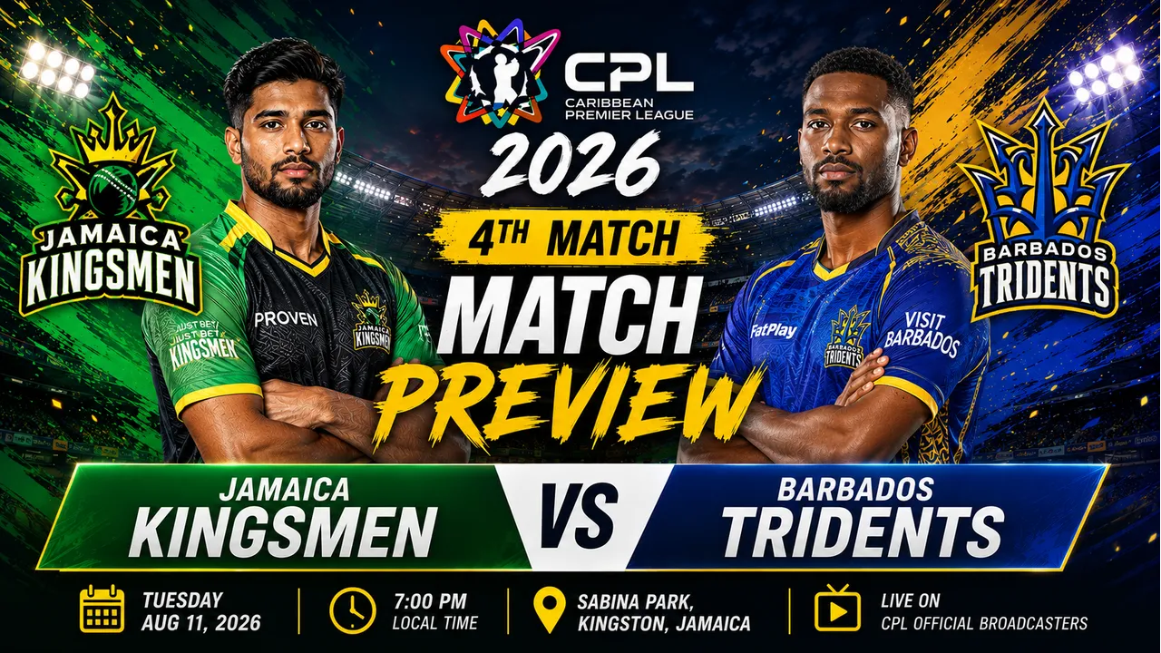 Rovman Powell and Andre Russell of Jamaica Kingsmen with Chris Green and Mujeeb Ur Rahman of Barbados Tridents before CPL 2026 Match 4