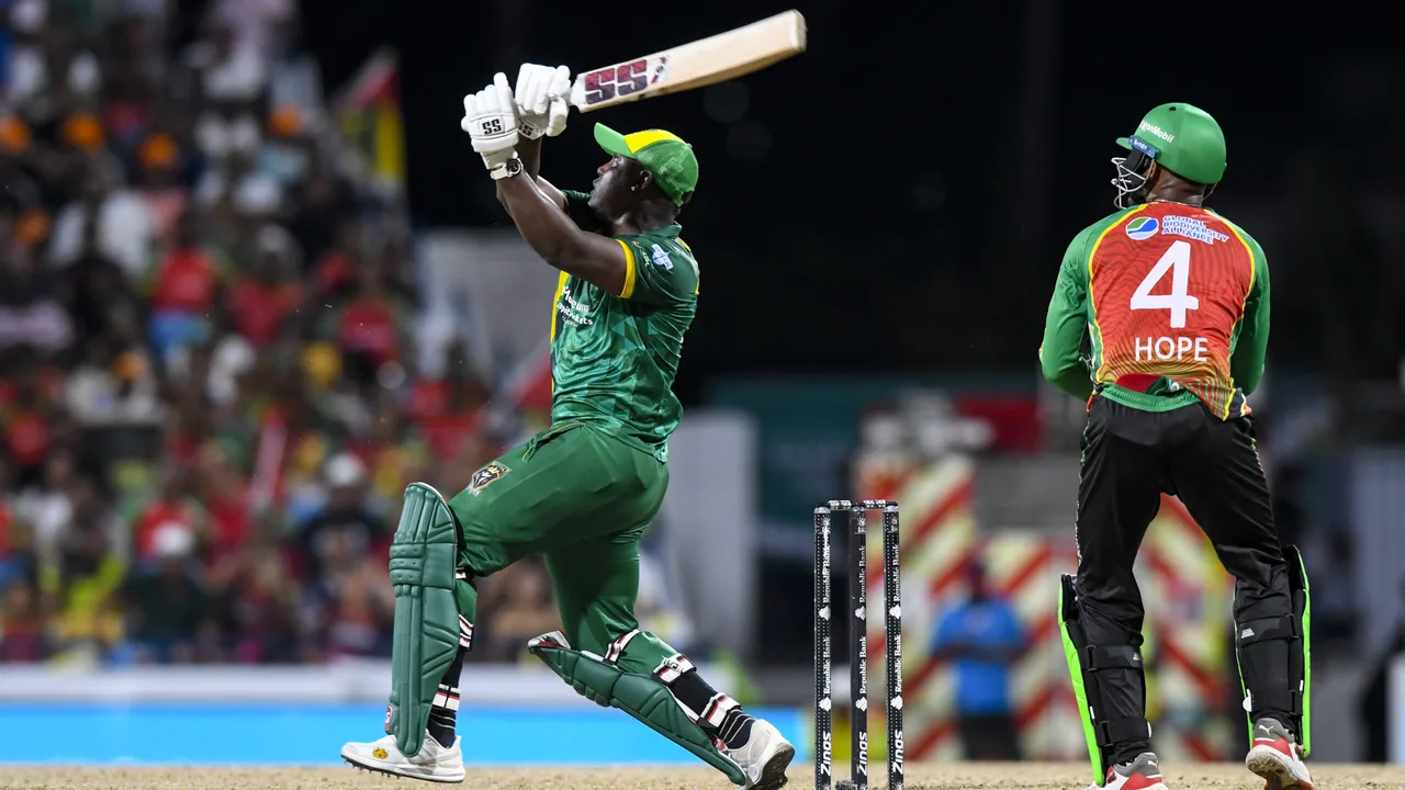 Jamaica Kingsmen players celebrate beating Guyana Amazon Warriors in CPL 2026 Qualifier 2 at Kensington Oval