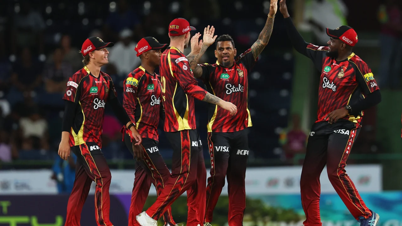 Sunil Narine celebrates a wicket with Trinbago Knight Riders teammates against St Kitts and Nevis Patriots
