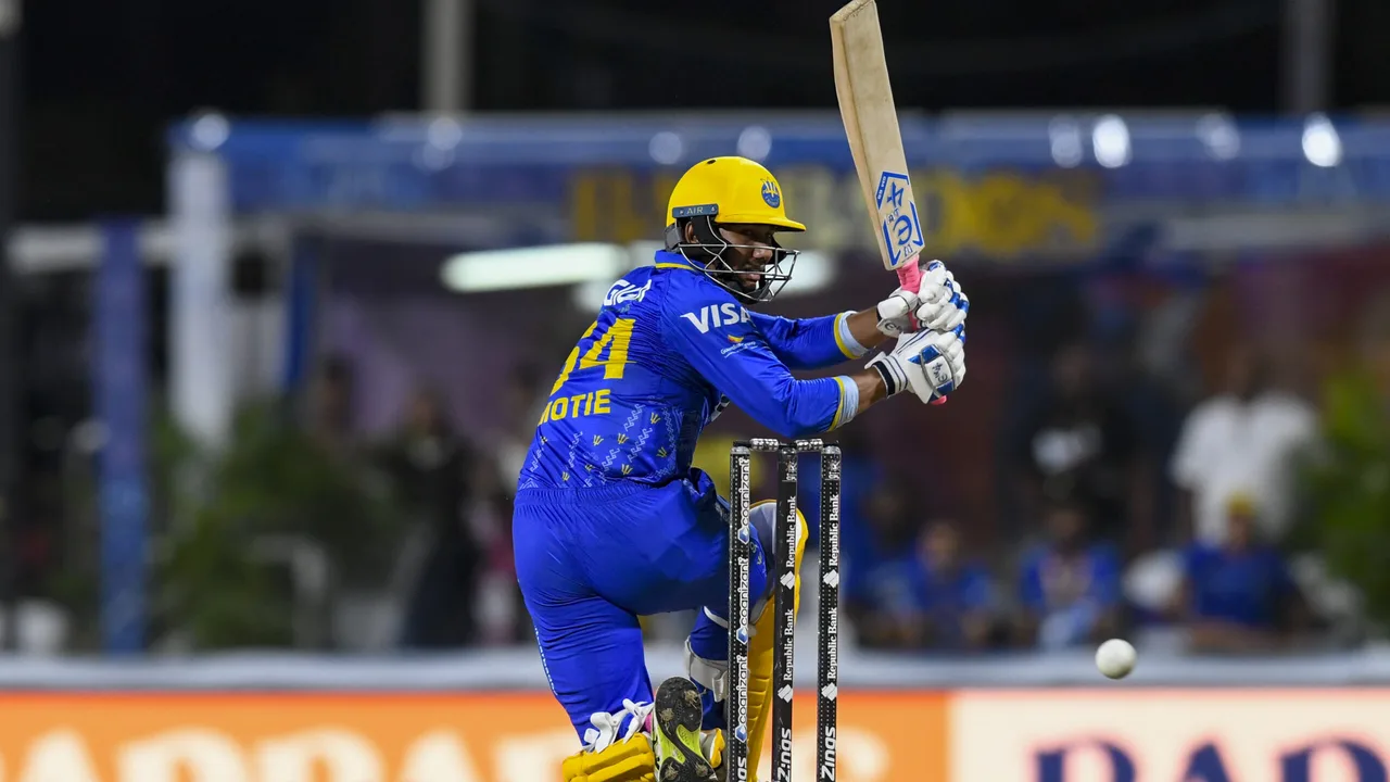 Gudakesh Motie batting for Barbados Tridents against Jamaica Kingsmen at Kensington Oval