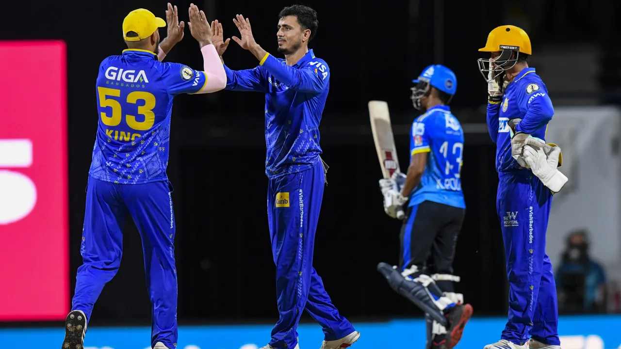Mujeeb Ur Rahman bowls for Barbados Tridents against Saint Lucia Kings at Kensington Oval in CPL 2026
