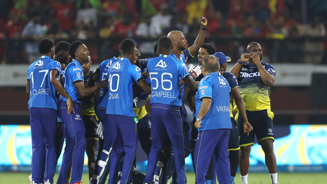 Saint Lucia Kings players celebrate together during a Caribbean Premier League match