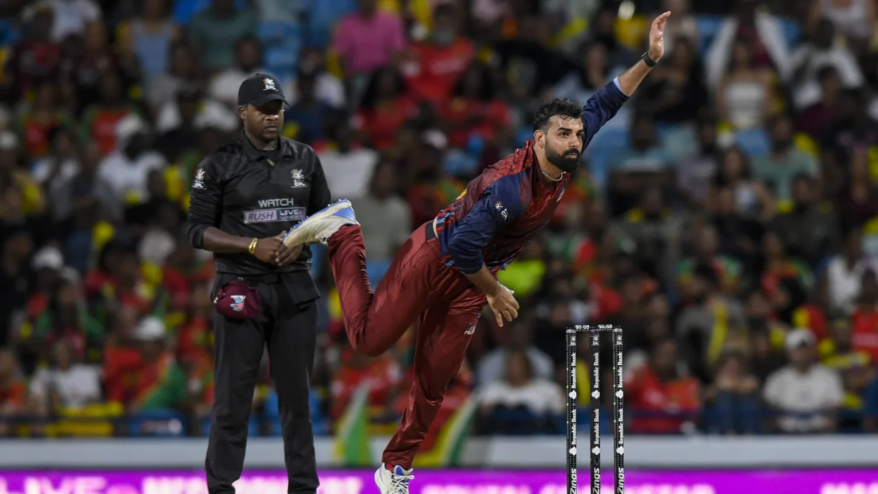 Shadab Khan celebrates his hat-trick for Antigua and Barbuda Falcons against Guyana Amazon Warriors in CPL 2026 Qualifier 1