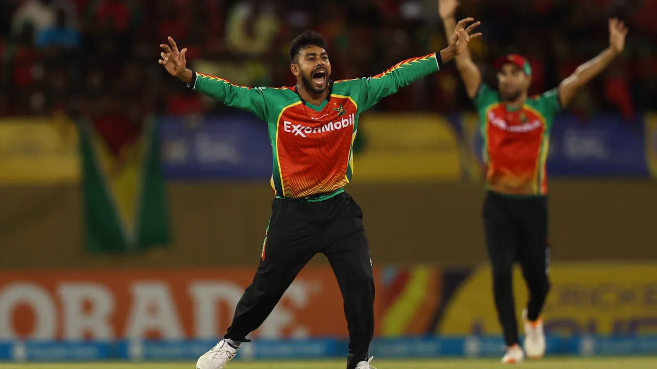 Imran Tahir celebrates a wicket for Guyana Amazon Warriors against Saint Lucia Kings at Providence Stadium