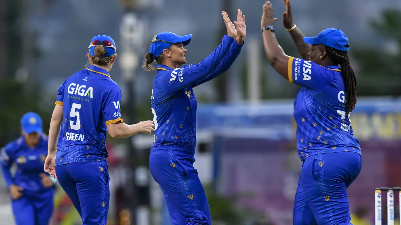 Barbados Tridents players celebrate their narrow WCPL win over Jamaica Empress at Kensington Oval