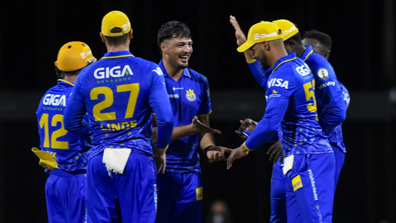 Barbados Tridents celebrate bowling Guyana Amazon Warriors out for 99 at Kensington Oval