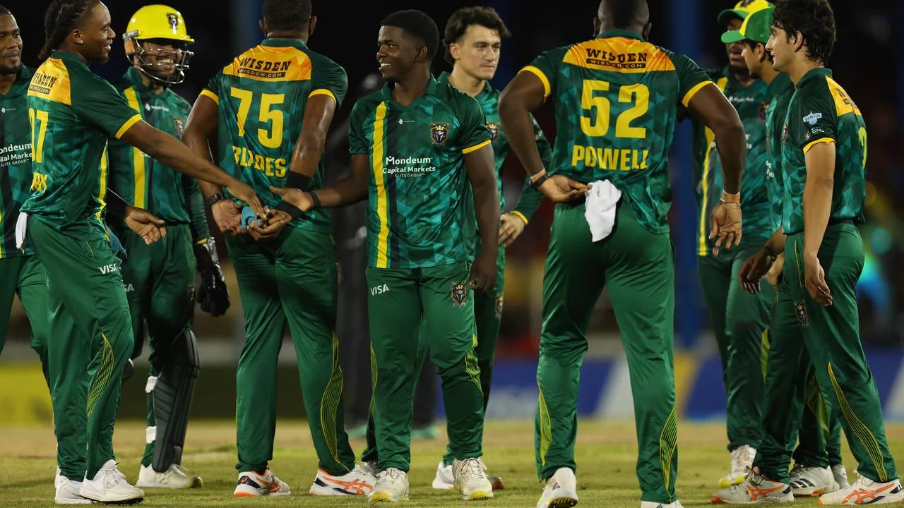 Vitel Lawes celebrates a wicket for Jamaica Kingsmen against Trinbago Knight Riders